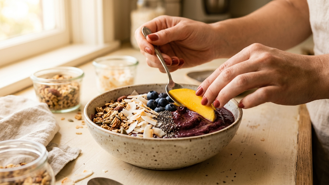 Mãos preparando um bowl de açaí com frutas frescas e granola